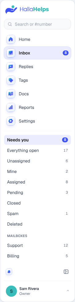 The menu with the inbox folders