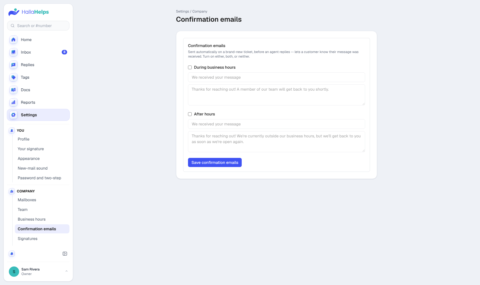 Confirmation emails